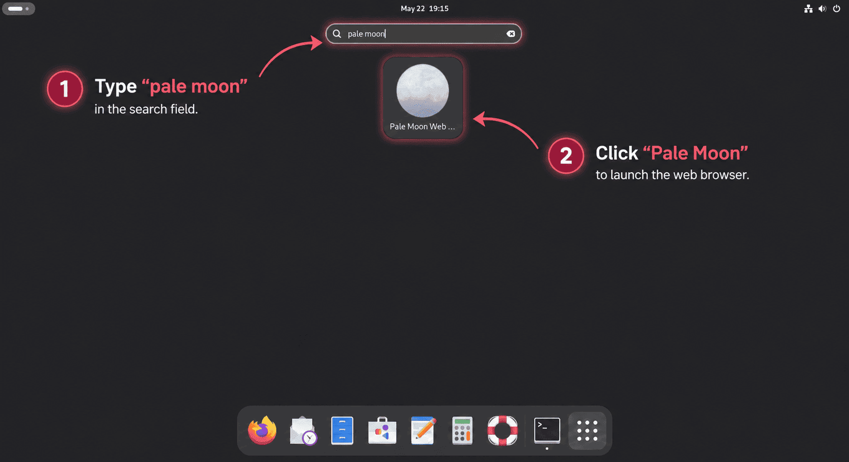 Debian application search showing the Pale Moon Web Browser launcher after installation