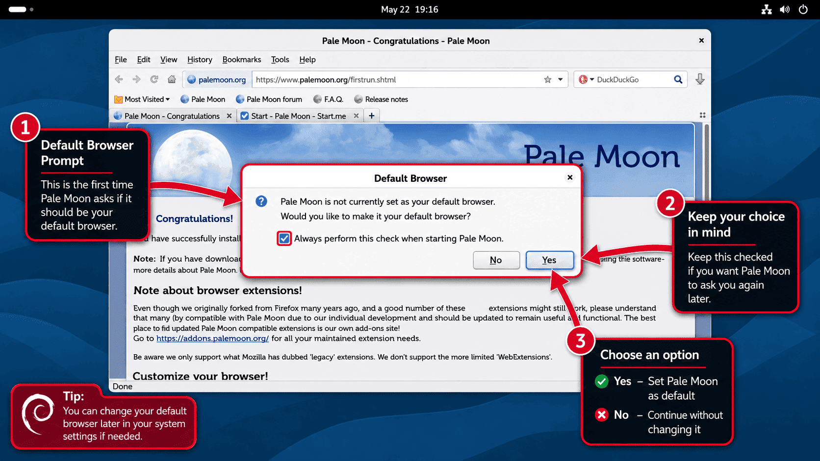 Pale Moon first-time default browser prompt open on a Debian desktop