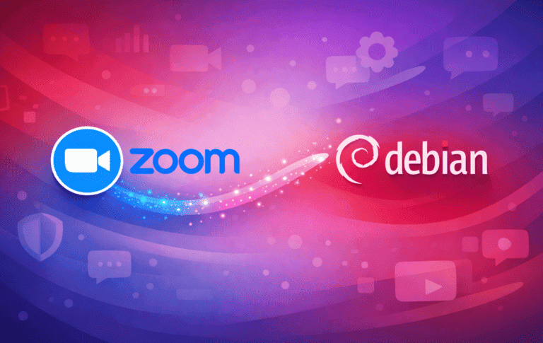 Zoom and Debian logos on a colorful background representing Zoom installation on Debian Linux.