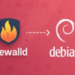 Firewalld flame logo with shield on left connected by arrow to Debian swirl logo on right against security-themed background