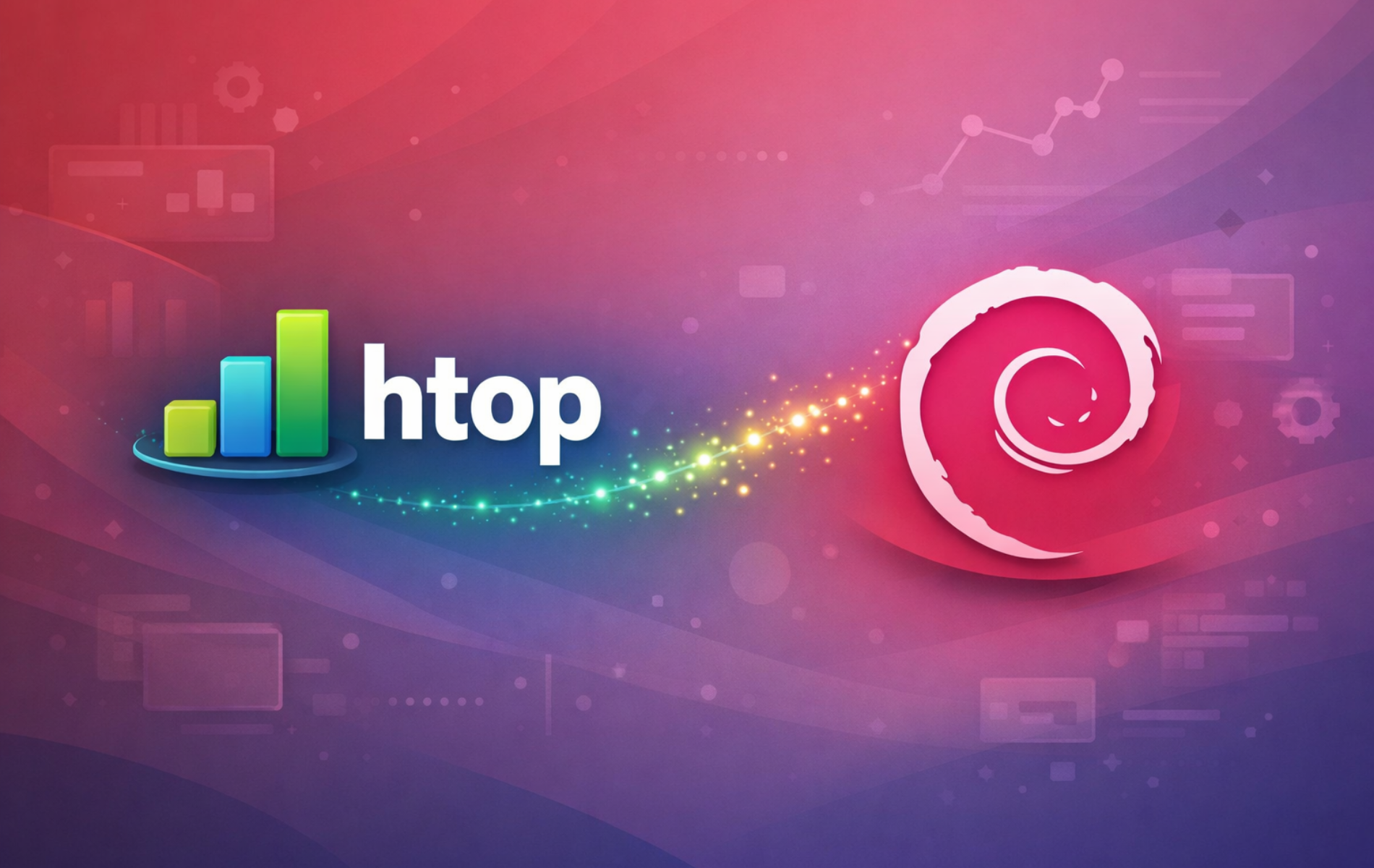 Htop process viewer logo alongside the Debian swirl logo, representing htop installation on Debian Linux for system monitoring.