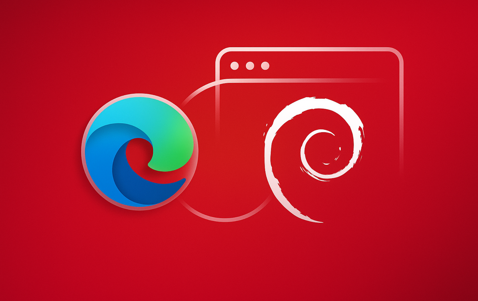 Microsoft Edge logo with Debian swirl icon against browser window on red background showing installation guide