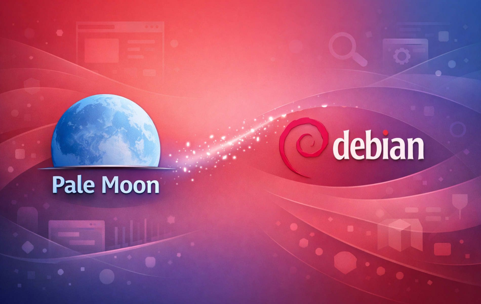 Pale Moon browser and Debian logos on gradient background with web interface elements