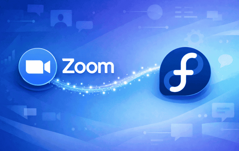 Zoom and Fedora logos displayed together on a blue background with communication icons