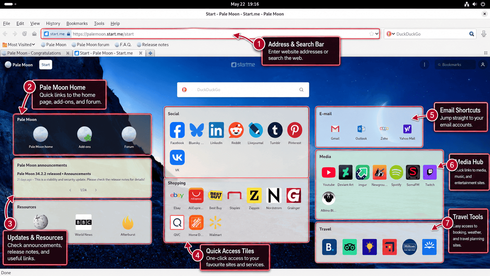 Pale Moon start page open on Debian with the address bar and quick access tiles highlighted