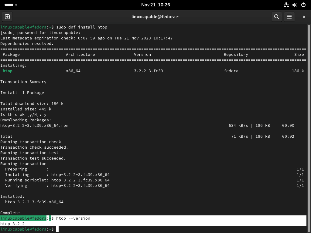 Htop version command output in Fedora Linux terminal.