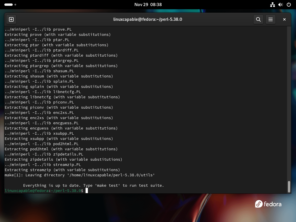 Terminal output of 'make' command for Perl on Fedora