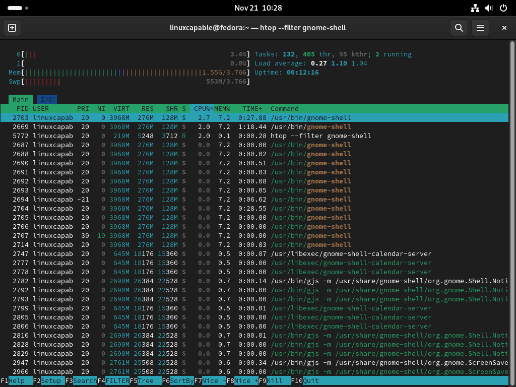 Htop command to filter processes by name in Fedora Linux.