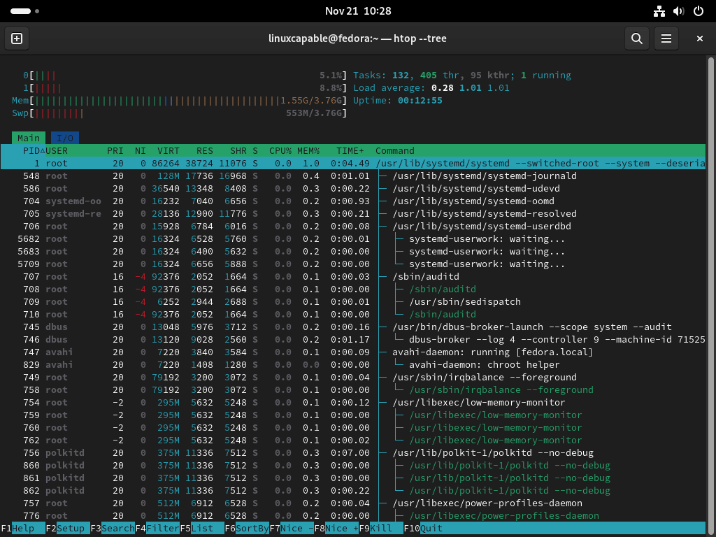 Htop command for tree view of processes in Fedora Linux.