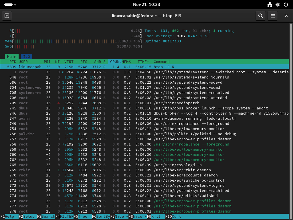 Htop command for filtering root processes in Fedora Linux.