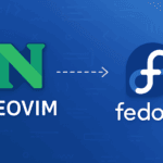 Neovim logo with arrow pointing to Fedora logo on blue developer-themed background
