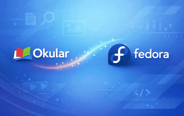 Okular and Fedora logos on blue background