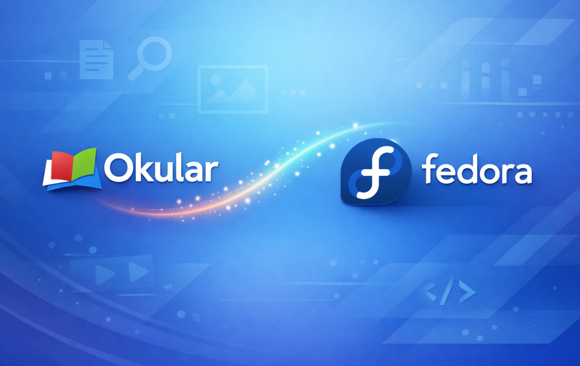 Okular and Fedora logos on blue background