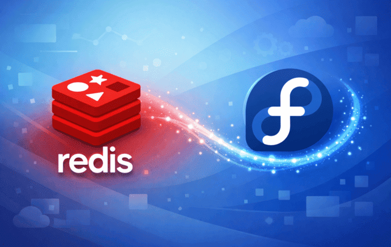 Redis logo and Fedora logo on a blue technology background