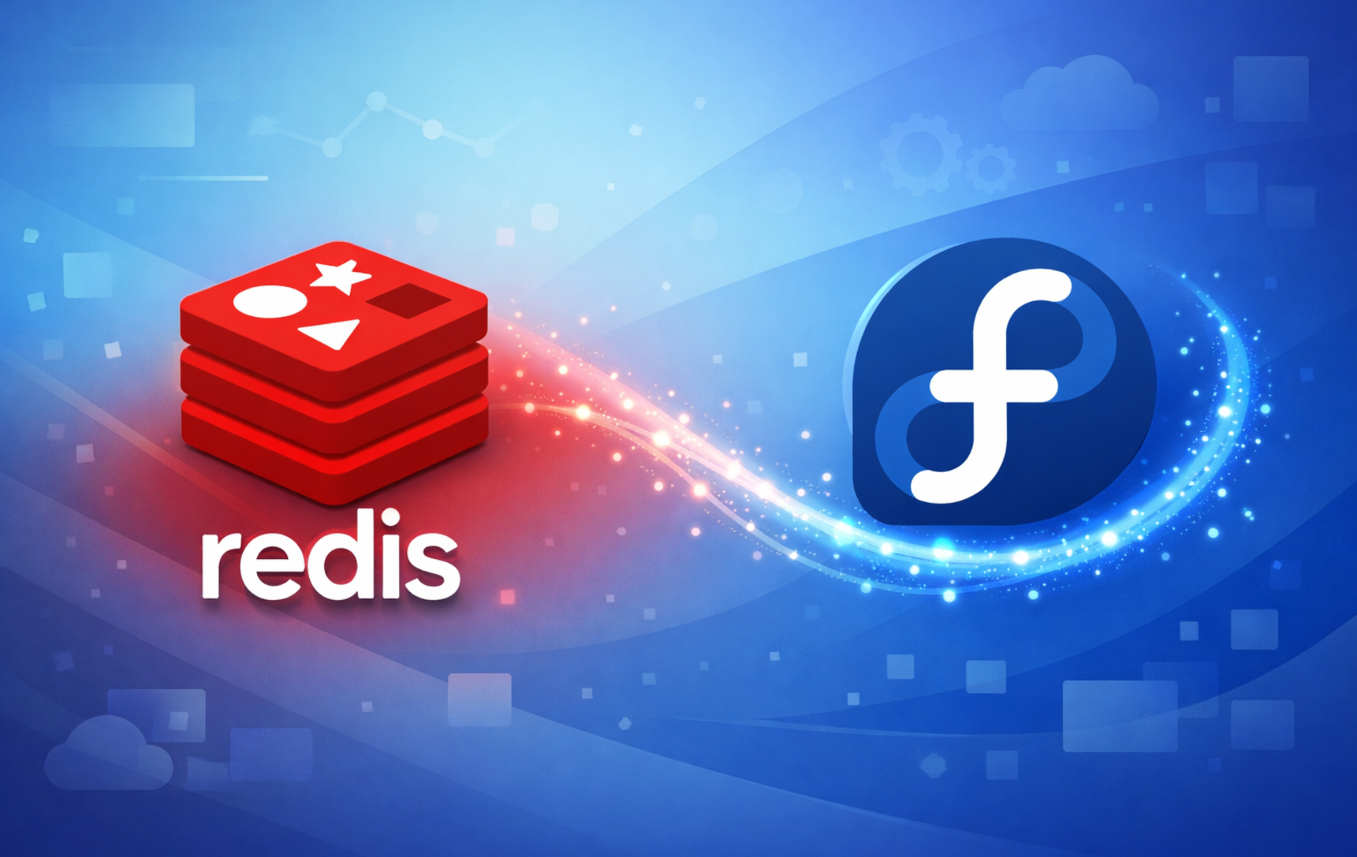 Redis logo and Fedora logo on a blue technology background