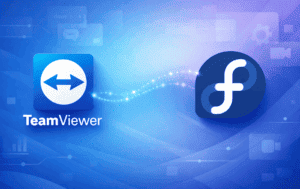 TeamViewer and Fedora Linux logos displayed side by side on a blue background with remote connectivity icons