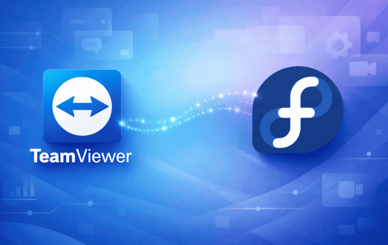 TeamViewer and Fedora Linux logos displayed side by side on a blue background with remote connectivity icons