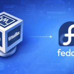 VirtualBox logo with Oracle branding pointing toward Fedora logo on blue technology background