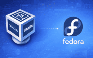 VirtualBox logo with Oracle branding pointing toward Fedora logo on blue technology background