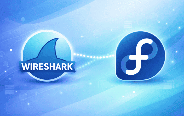 Wireshark network analyzer logo alongside Fedora Linux logo on tech background