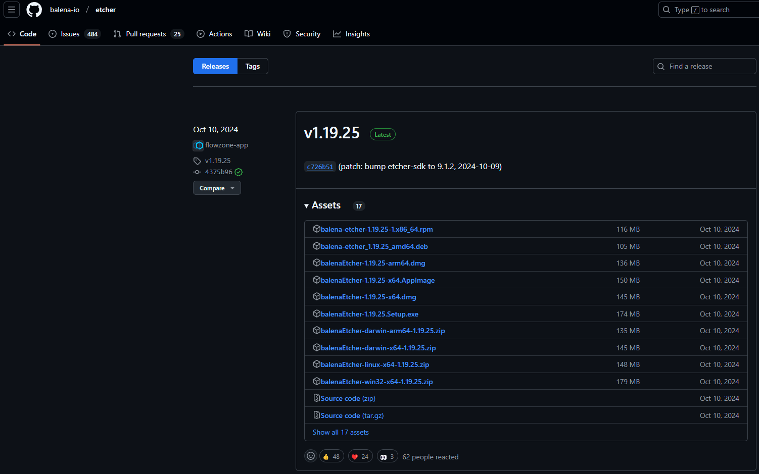 Screenshot of balenaEtcher GitHub downloads page showing version 1.19.25 RPM file."
Title: "balenaEtcher GitHub Downloads Page for Fedora Linux