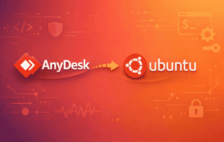 AnyDesk and Ubuntu logos connected by an arrow on an orange gradient background with tech elements