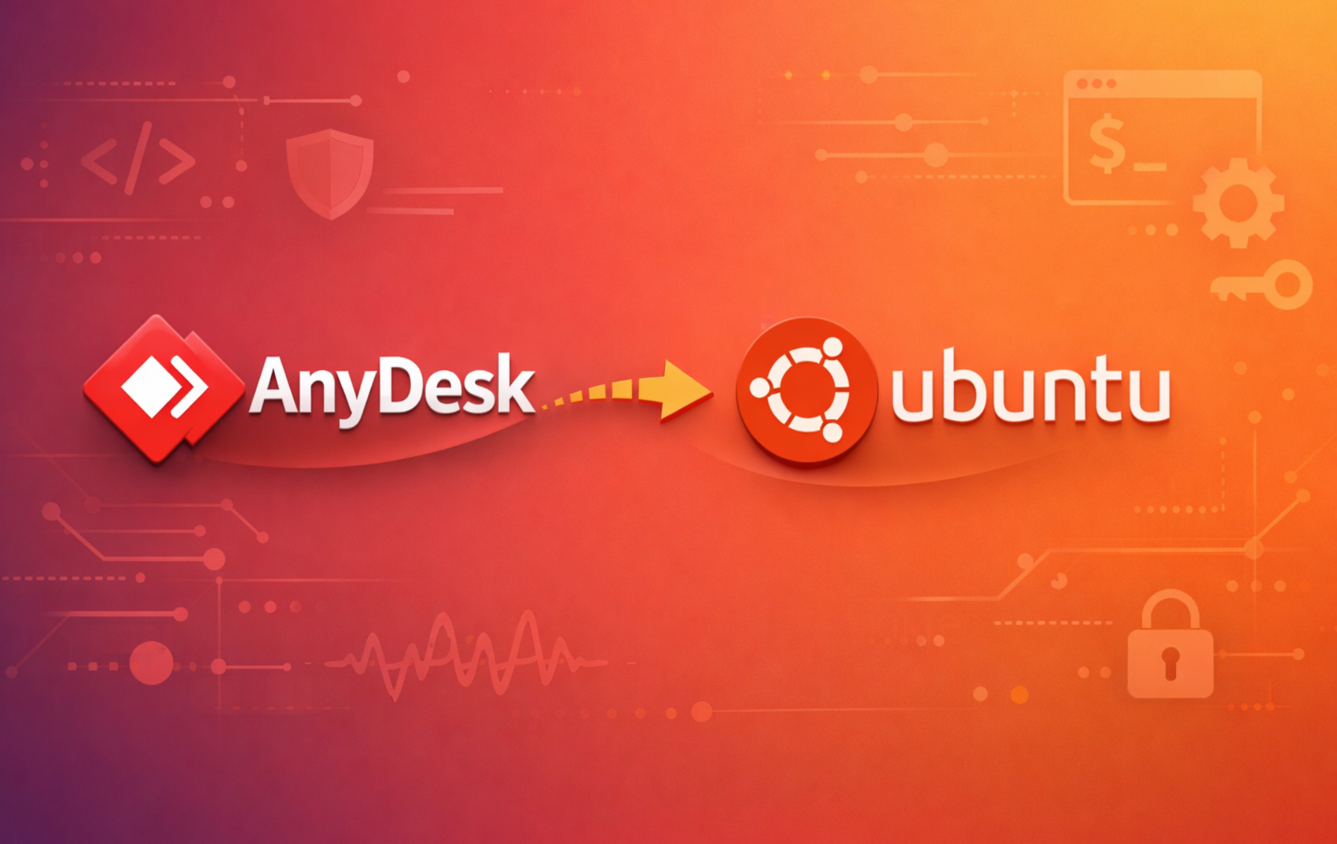 AnyDesk and Ubuntu logos connected by an arrow on an orange gradient background with tech elements