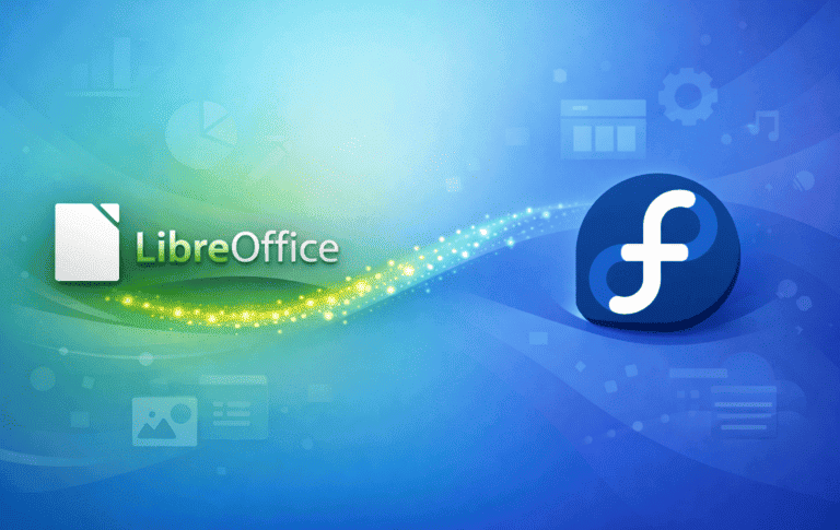LibreOffice and Fedora Linux logos with productivity application icons