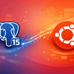 PostgreSQL elephant logo with version 15 badge alongside the Ubuntu circle of friends logo on a gradient background