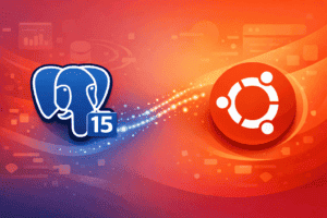 PostgreSQL elephant logo with version 15 badge alongside the Ubuntu circle of friends logo on a gradient background
