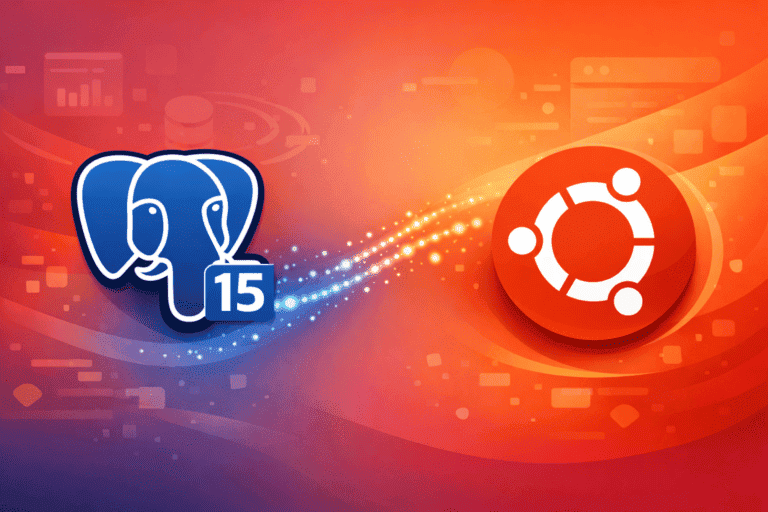 PostgreSQL elephant logo with version 15 badge alongside the Ubuntu circle of friends logo on a gradient background