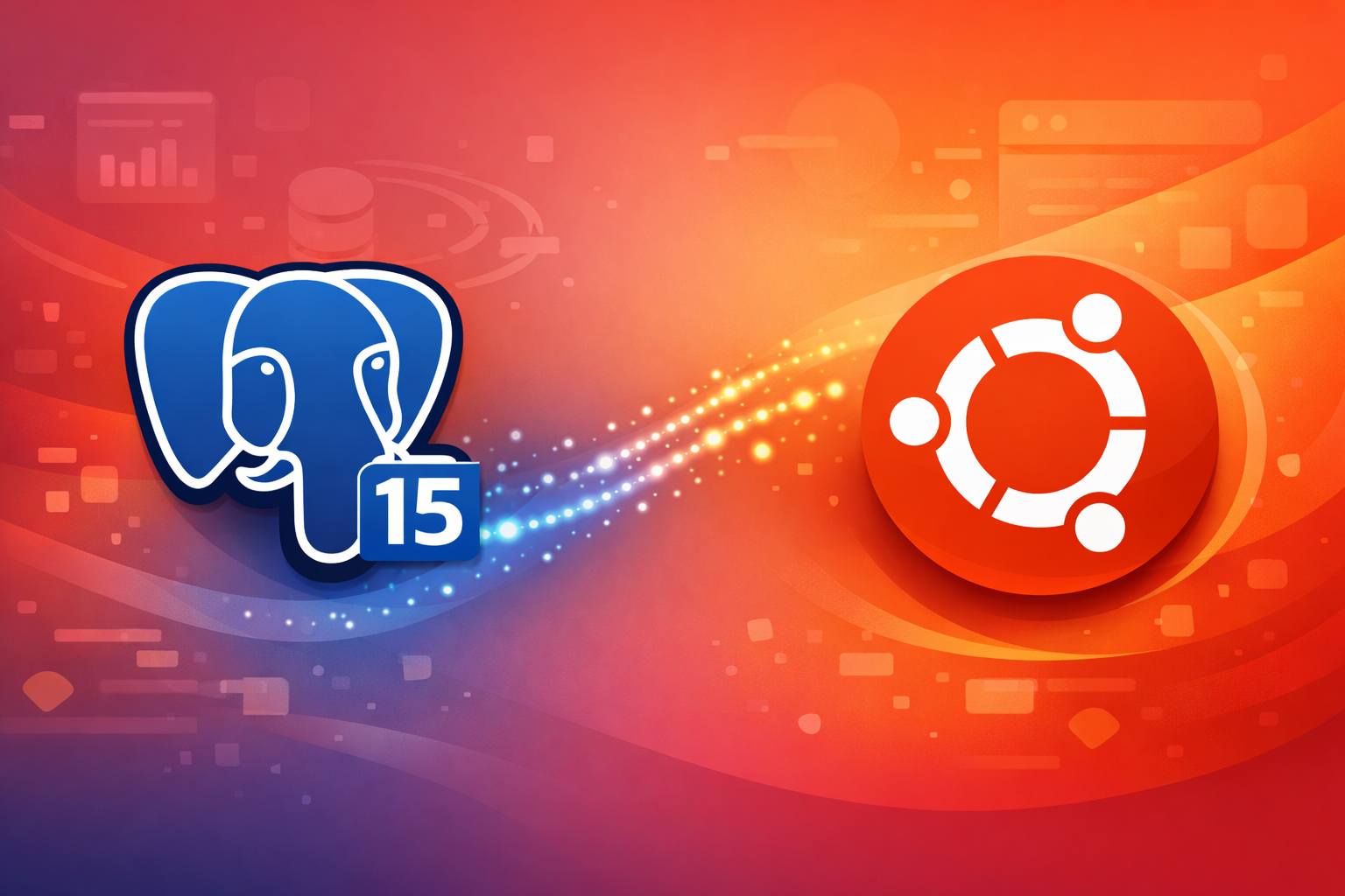 PostgreSQL elephant logo with version 15 badge alongside the Ubuntu circle of friends logo on a gradient background