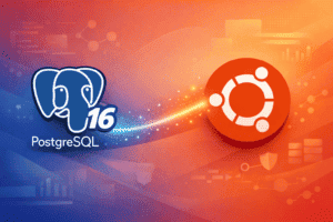 PostgreSQL 16 elephant logo alongside Ubuntu logo on gradient background with database icons