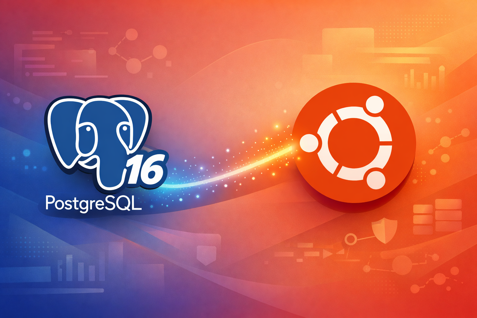 PostgreSQL 16 elephant logo alongside Ubuntu logo on gradient background with database icons