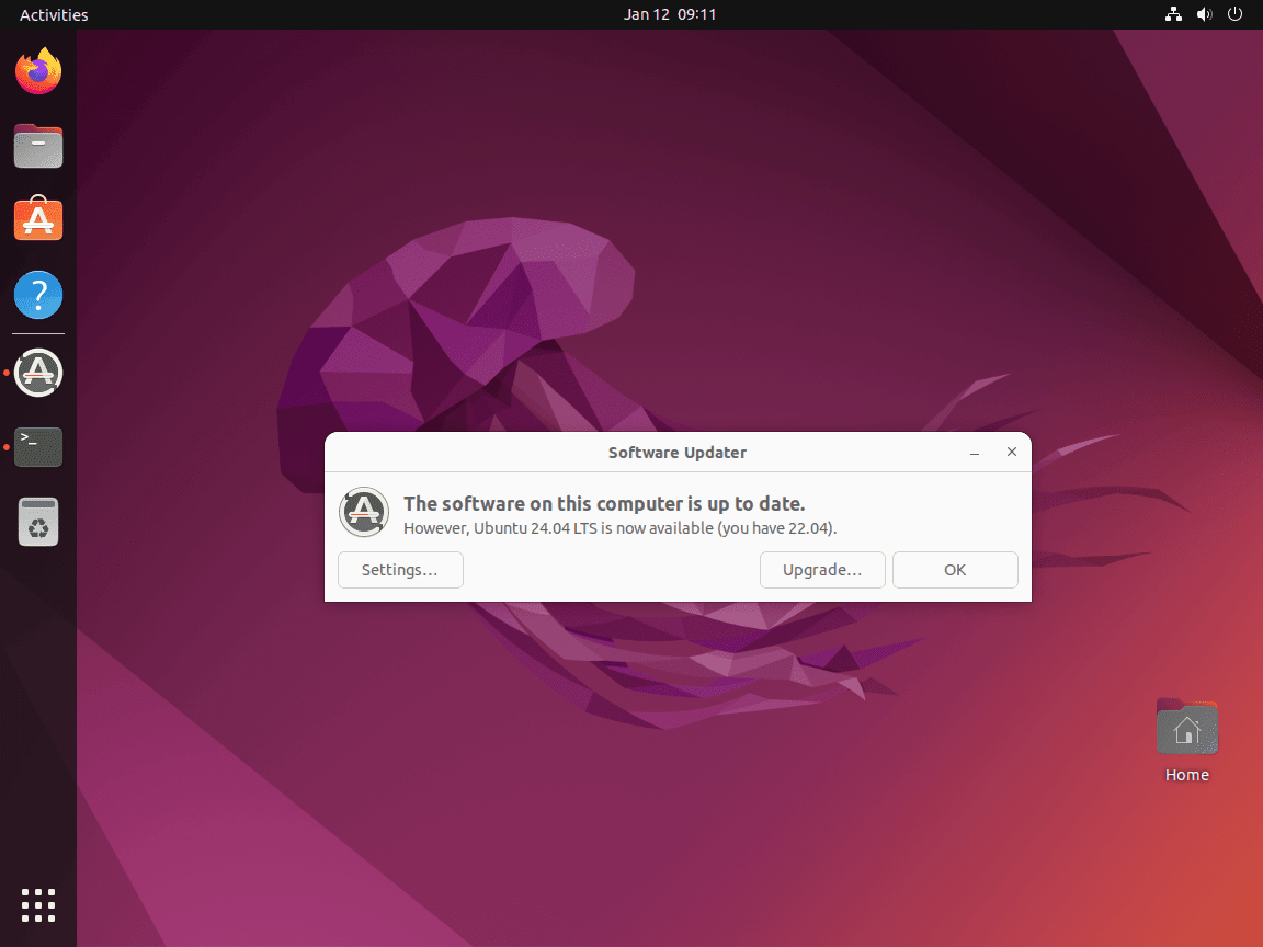 GUI de Ubuntu 22.04 que muestra el mensaje de actualización de Ubuntu 24.04