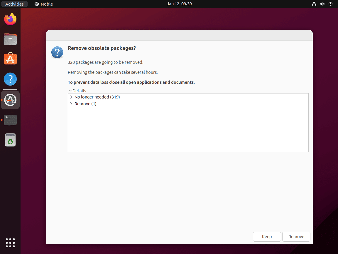 Finalización de la actualización de Ubuntu 24.04 con mensaje de eliminación del paquete