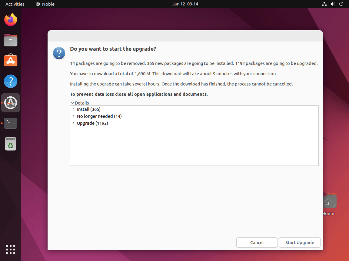 Okno monitujące o rozpoczęcie aktualizacji Ubuntu 24.04