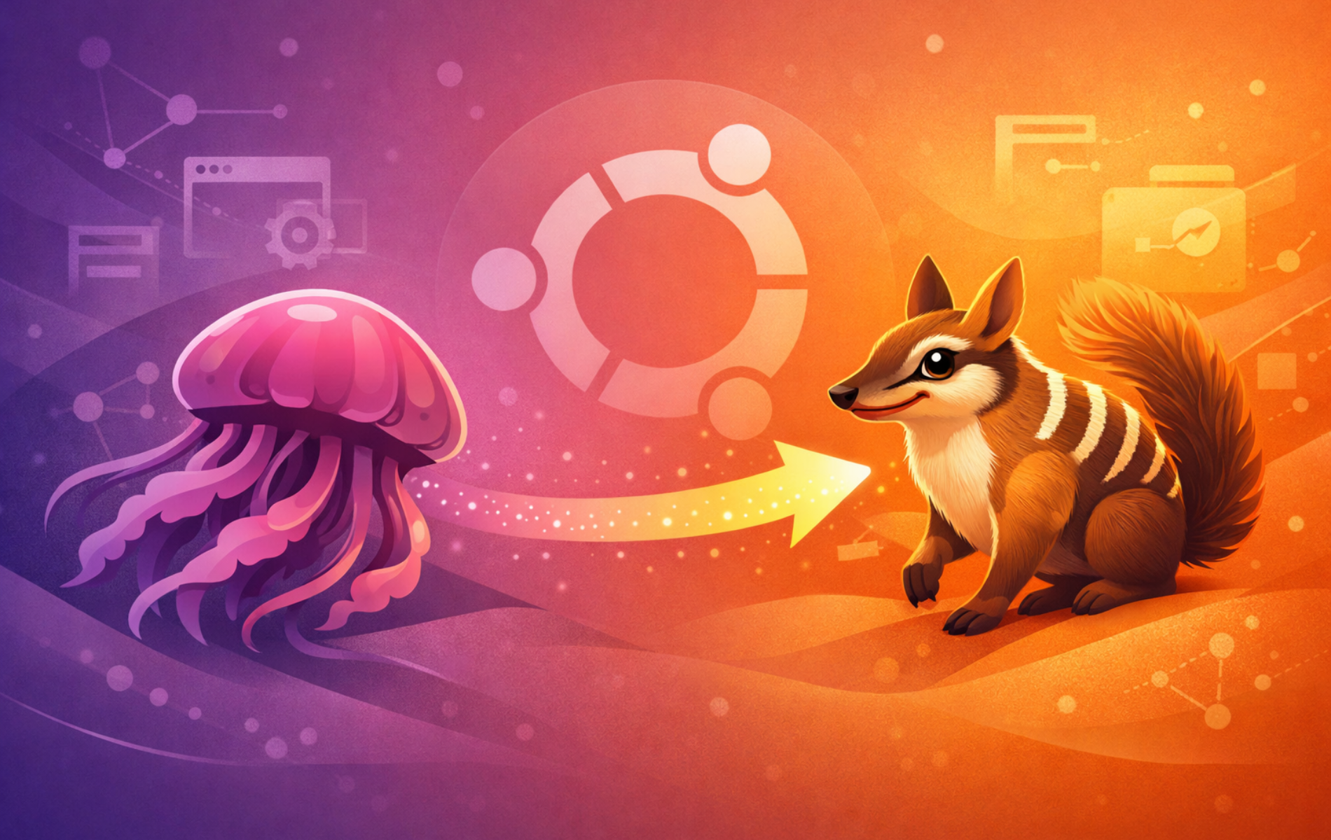 Illustration showing Ubuntu mascot transition from Jammy Jellyfish to Noble Numbat with Ubuntu logo