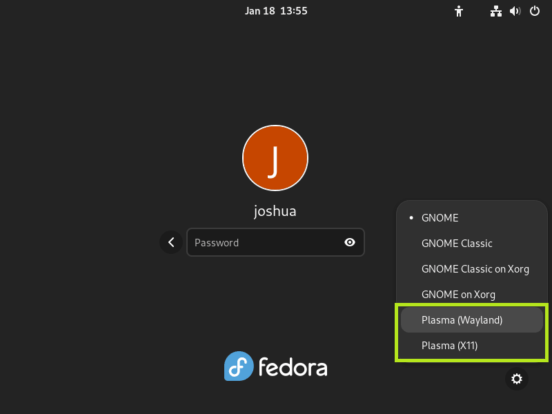 Screenshot, der die Optionen zur Auswahl von Plasma (Wayland) oder Plasma (X11) bei der Anmeldung bei Fedora Linux zeigt.