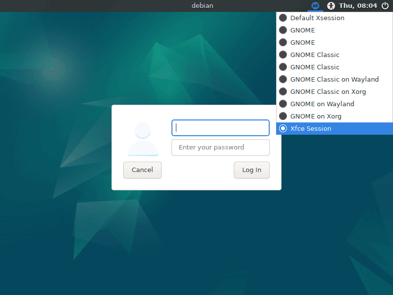 Changing to XFCE session for login on Debian Linux