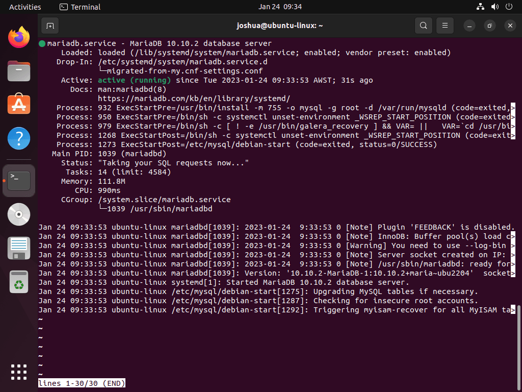 Ubuntu 上の MariaDB の systemctl ステータスが OK であることを確認する