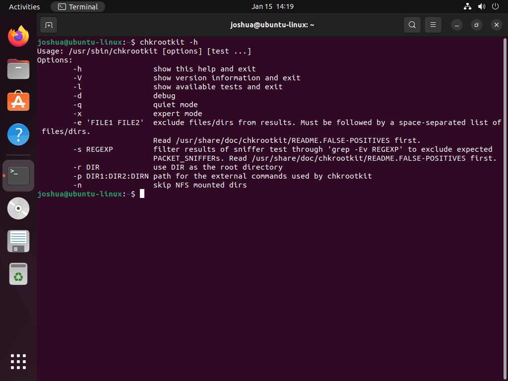 Ubuntu 上的 Chkrootkit 幫助輸出