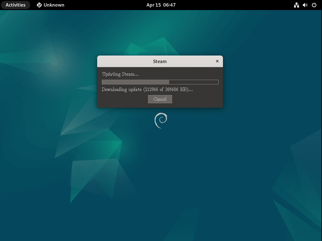 Bilah kemajuan pengunduhan binari Steam di Debian