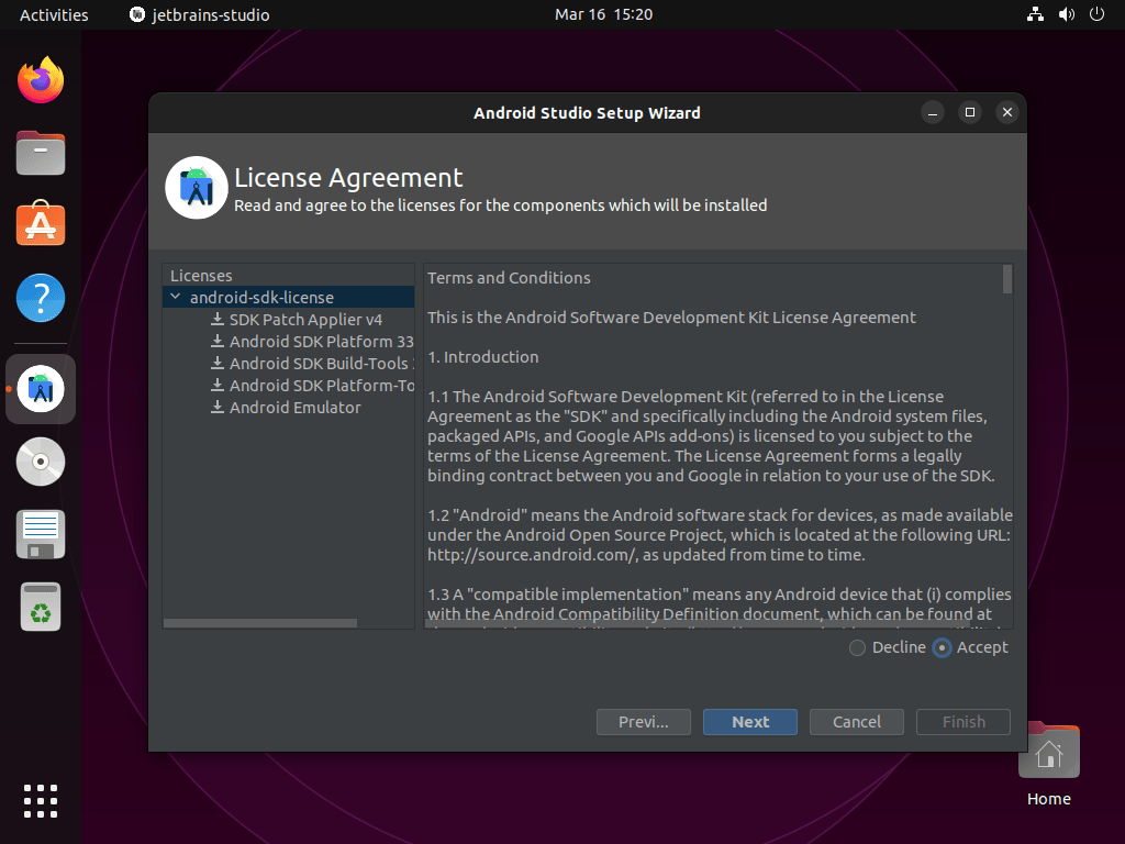 Aceite o contrato de licença do Android Studio no Ubuntu