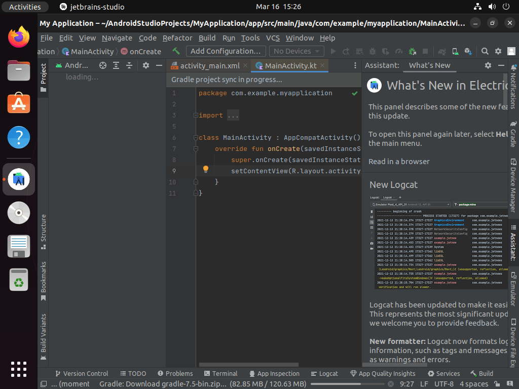 Projekt Android Studio w toku na Ubuntu