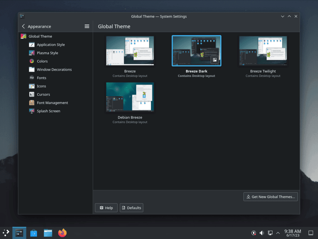 Temas globais disponíveis no KDE Plasma no Debian Linux