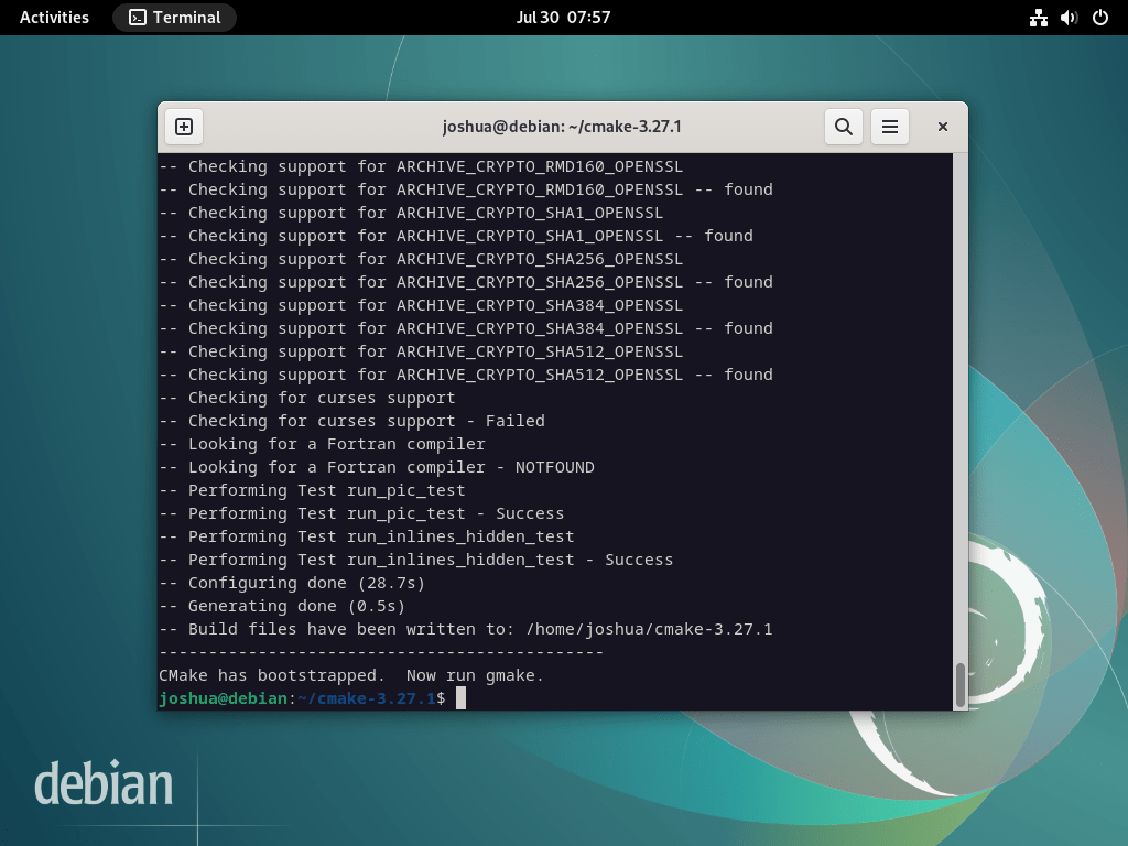 Script bootstrap riuscito per CMake su Debian Linux