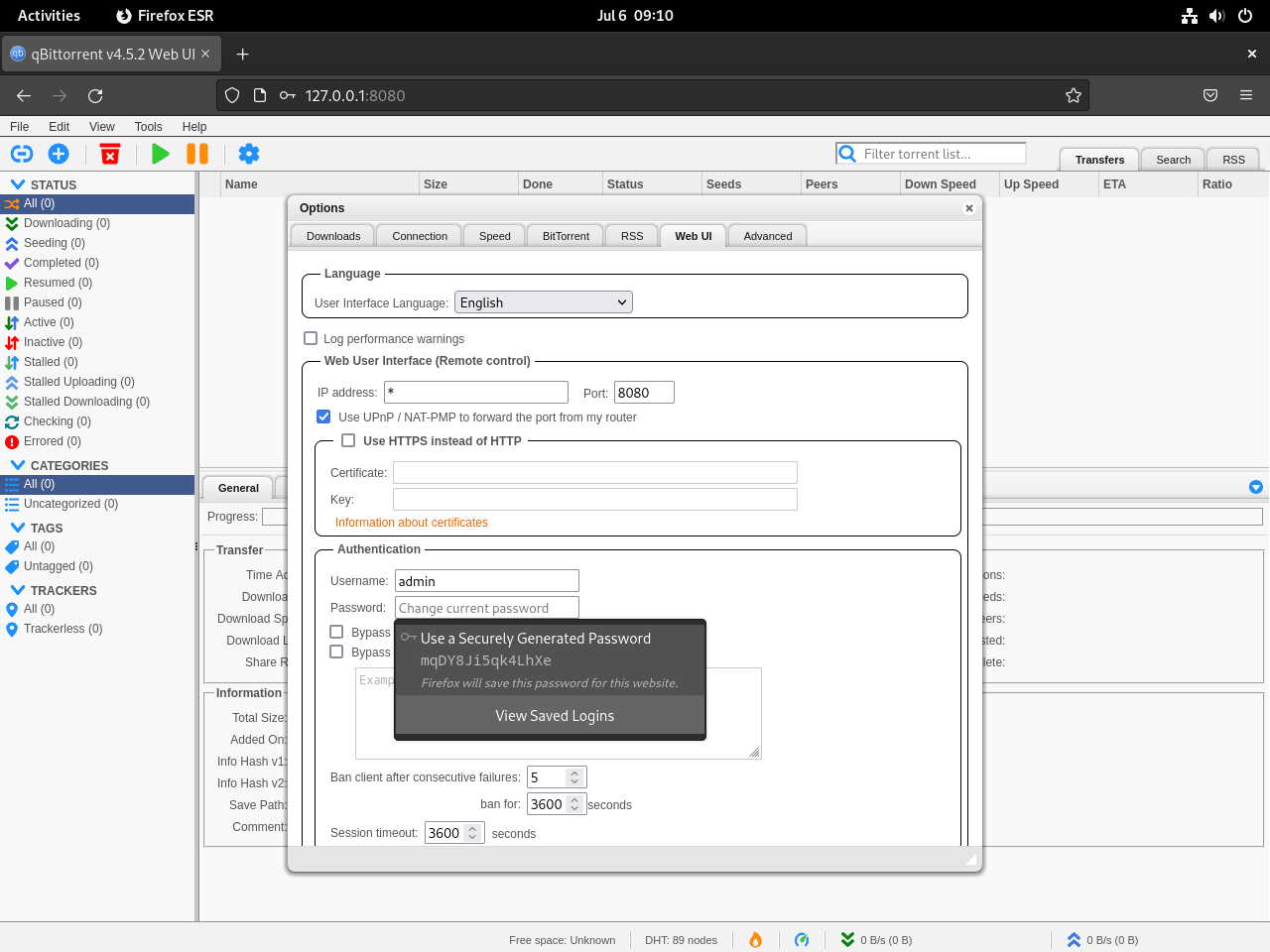 Changing password for qBittorrent WebUI on Debian Linux