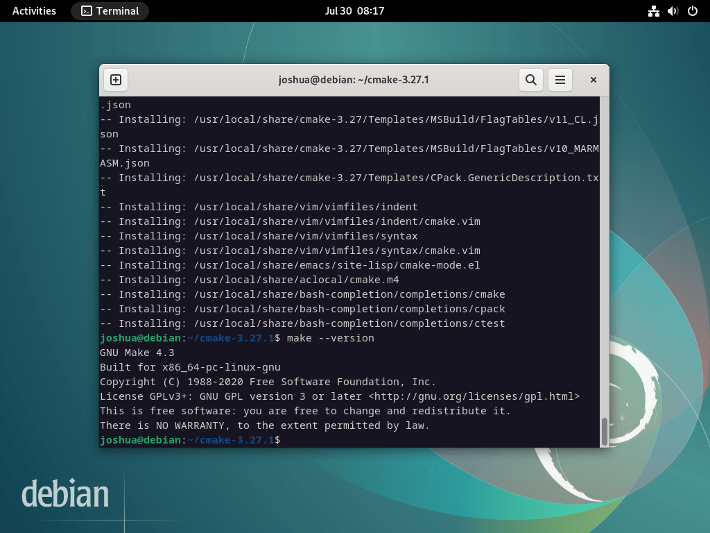 Output della versione CMake dopo la compilazione su Debian Linux