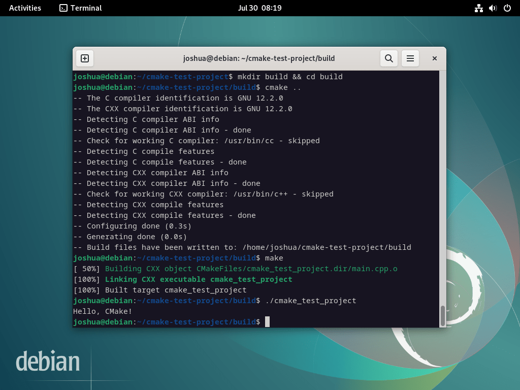 "Hello World"-test med CMake på Debian Linux